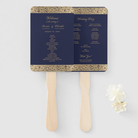 gouden marineblauw wilde Rozen elegante bruiloft Handwaaier (Voorkant en achterkant)