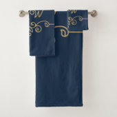 Gouden & marineblauwe elegante bloeiende monogram bad handdoek (Insitu)