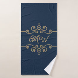 Gouden & marineblauwe elegante bloeiende monogram bad handdoek