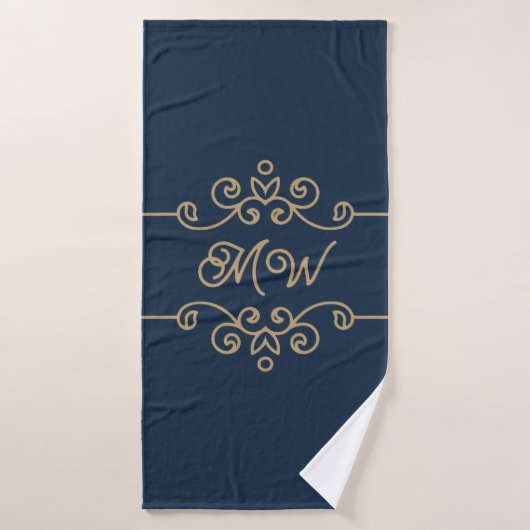 Gouden & marineblauwe elegante bloeiende monogram bad handdoek (Badhanddoek)