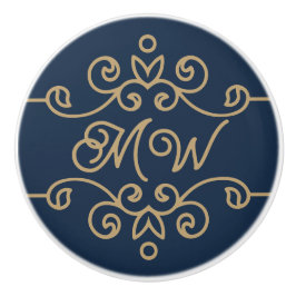 Gouden & marineblauwe elegante bloeiende monogram keramische knop