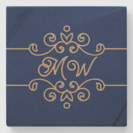 Gouden & marineblauwe elegante bloeiende monogram stenen onderzetter