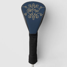 Gouden & marineblauwe elegante bloemmonogram golfheadcover