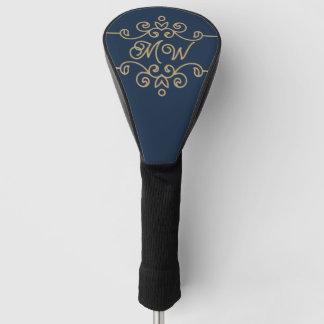 Gouden & marineblauwe elegante bloemmonogram golfheadcover