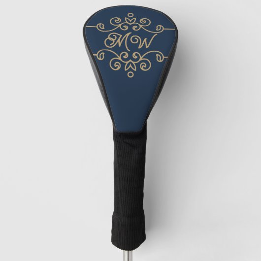 Gouden & marineblauwe elegante bloemmonogram golfheadcover (Voorkant)