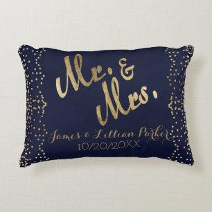 Gouden Marineblauwe M. en Mevr. Monogram Wedding Accent Kussen