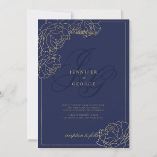 Gouden marineblauwe monogram eerste floral huwelij kaart