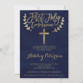 Gouden marineblauwe waterverf Eerste Heilige Commu Kaart (Voorkant)