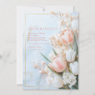 Gouden Marmer Blush Roze Tulp Lente Bruiloft Kaart