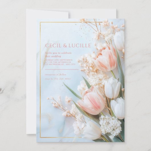 Gouden Marmer Blush Roze Tulp Lente Bruiloft Kaart (Voorkant)