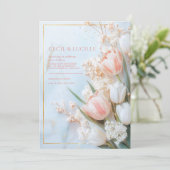Gouden Marmer Blush Roze Tulp Lente Bruiloft Kaart (Staand voorkant)