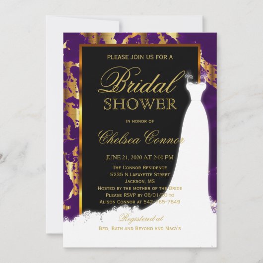 Gouden marmer, zwart en Paarse bruidsuitnodiging Kaart (Voorkant)