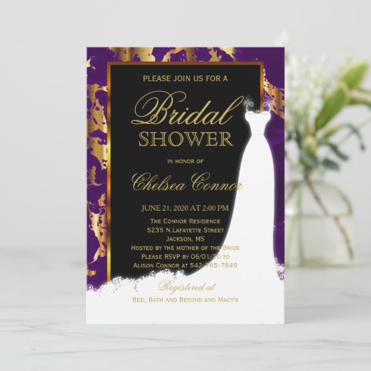 Gouden marmer, zwart en Paarse bruidsuitnodiging Kaart (Staand voorkant)