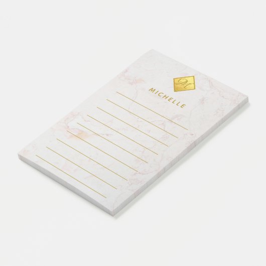Gouden marmeren monogram Gouden naam Wit Post-it® Notes (Schuin)