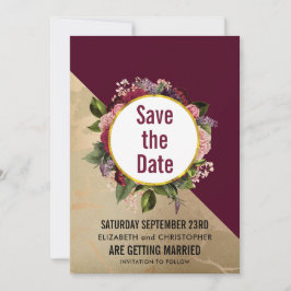 Gouden marmeren patroon en bordeauxrode bloemen br save the date
