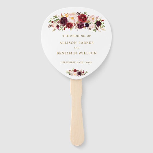 Gouden Marsala Bloemen Boho Trouwprogramma Fans Handwaaier (Voorkant)