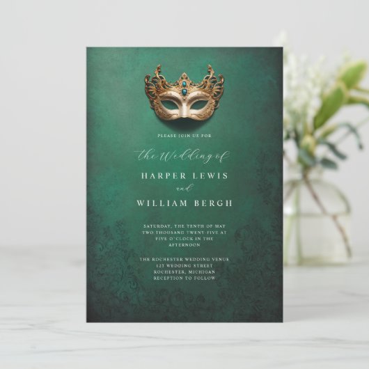 Gouden masker maskerade bruiloft kaart (Staand voorkant)