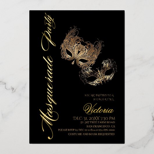 Gouden Maskerade Feest Folie Uitnodiging (Voorkant)