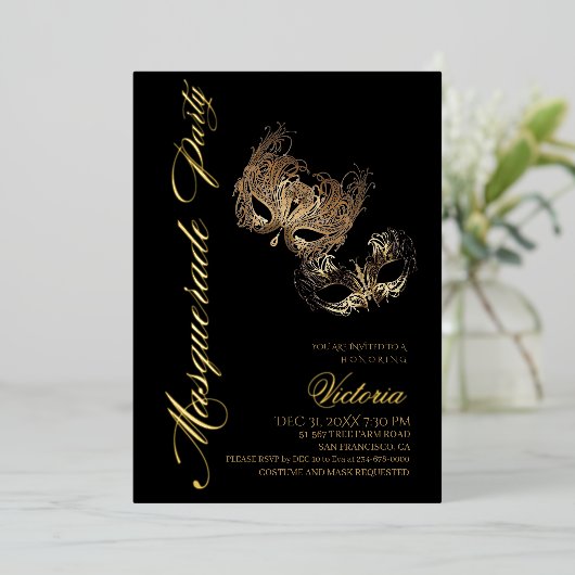 Gouden Maskerade Feest Folie Uitnodiging (Staand Voorkant)