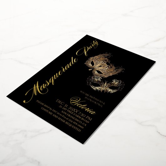 Gouden Maskerade Feest Folie Uitnodiging (Gedraaid)