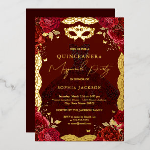 Gouden Maskerade Feest Rode Roos Jurk Quinceanera Folie Uitnodiging