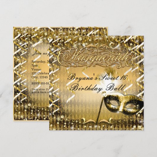 Gouden Maskerade Masker Elegant Verjaardagsfeest Kaart (Voorkant / Achterkant)
