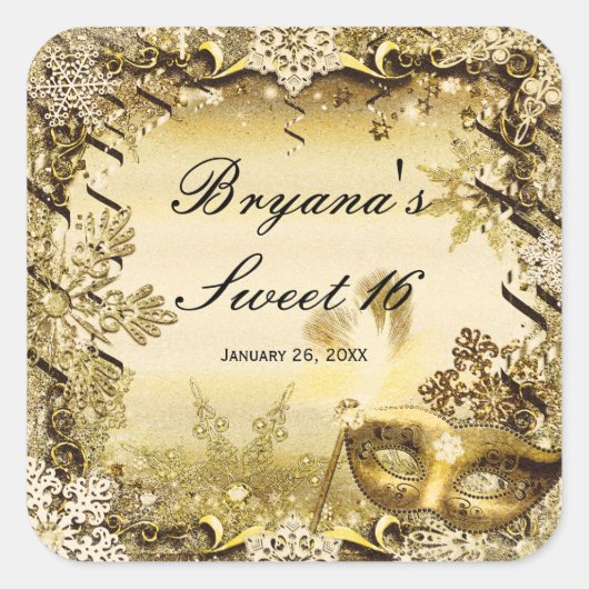 Gouden Maskerade Masker & Winter Sneeuwvlokken Ele Vierkante Sticker (Voorkant)