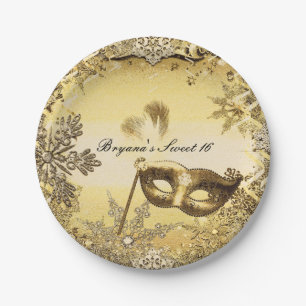 Gouden Maskerade Masker & Wintervlokken Elegant Papieren Bordje