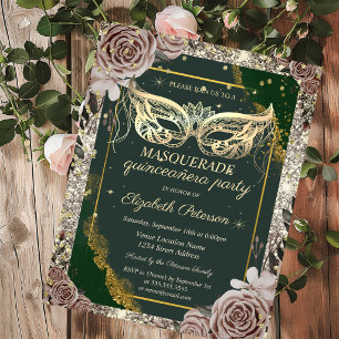 Gouden Maskerade Rozen Glitter Groen Quinceañera Kaart
