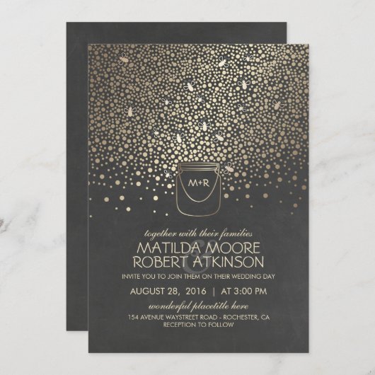 Gouden Mason Jar Fireflies Rustieke bruiloft Kaart (Voorkant / Achterkant)