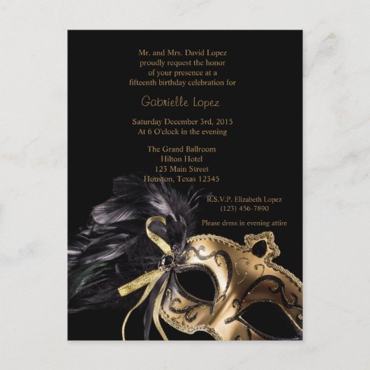 Gouden Masquerade Ball Quinceanera 15e verjaardag Briefkaart (Voorkant)