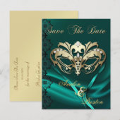 Gouden Masquerade Blauwgroen Juweel Save The Date  Aankondigingskaart (Voorkant / Achterkant)