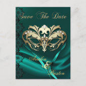 Gouden Masquerade Blauwgroen Juweel Save The Date  Aankondigingskaart (Voorkant)