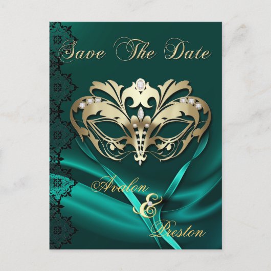 Gouden Masquerade Blauwgroen Juweel Save The Date  Aankondigingskaart (Voorkant)