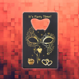 Gouden Masquerade Het is Feesttijd | Flesopener Creditkaart Flessenopener