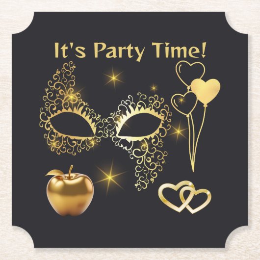 Gouden Masquerade Het is Feesttijd | Kartonnen Onderzetters (Voorkant)