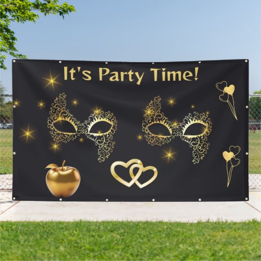 Gouden Masquerade Het is Feesttijd | Spandoek (Buitenkant)