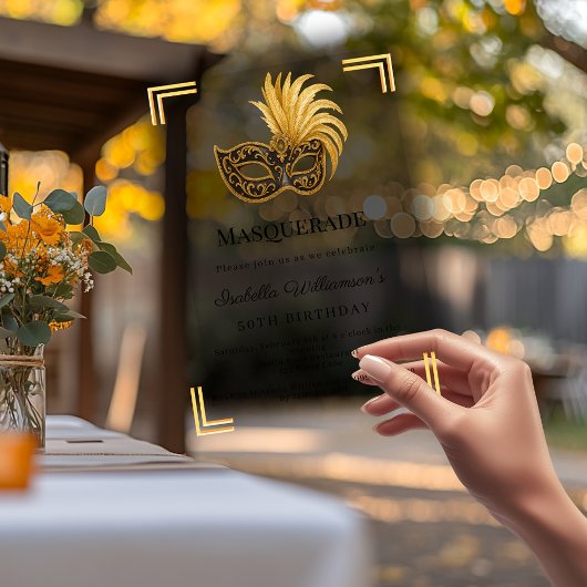 Gouden Masquerade luxe verjaardagsfeest doorzichti Acryl Uitnodigingen
