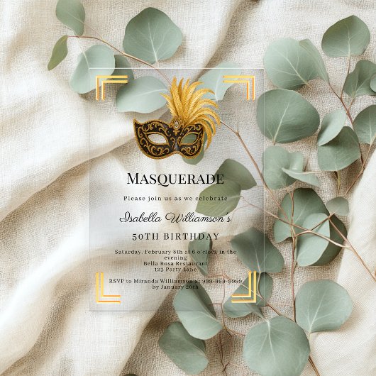 Gouden Masquerade luxe verjaardagsfeest doorzichti Acryl Uitnodigingen