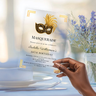 Gouden Masquerade luxe verjaardagsfeest doorzichti Acryl Uitnodigingen