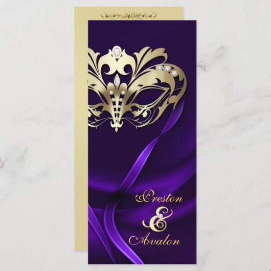 Gouden Masquerade Paarse Juwelen Trouwprogramma Programmakaart (Voorkant / Achterkant)