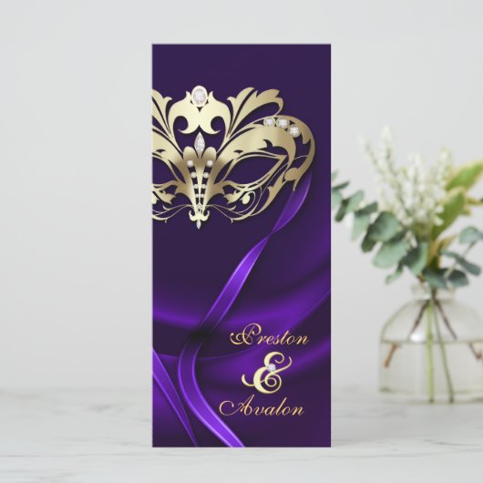 Gouden Masquerade Paarse Juwelen Trouwprogramma Programmakaart (Staand voorkant)