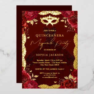 Gouden Masquerade Party Red Rose Jurk Quinceanera Folie Uitnodiging