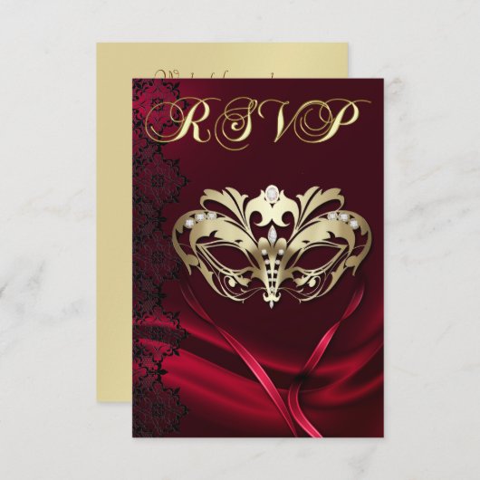 Gouden Masquerade Rode Edelsteen RSVP Uitnodiging (Voorkant / Achterkant)