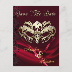 Gouden Masquerade Rode Juweel Save the Date Briefk Aankondigingskaart