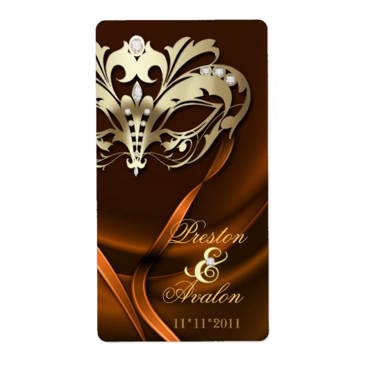 Gouden Masquerade Sinaasappel Jeweled Wedding Wine Etiket (Voorkant)