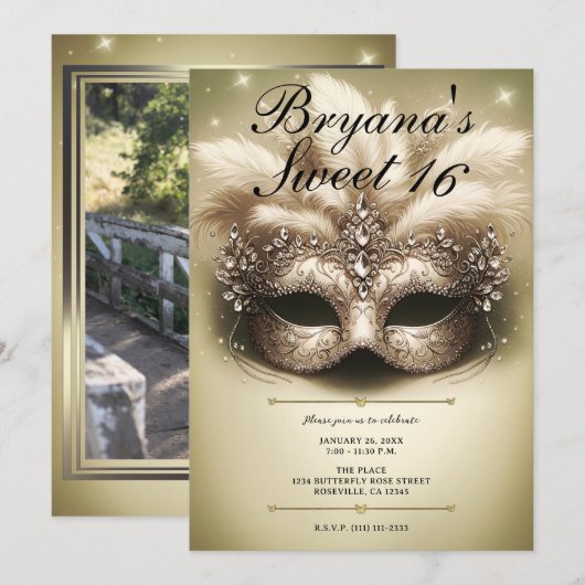 Gouden Masquerade Sweet 16 Foto Verjaardag Kaart (Voorkant / Achterkant)