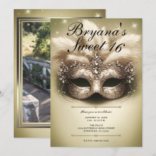 Gouden Masquerade Sweet 16 Foto Verjaardag Kaart