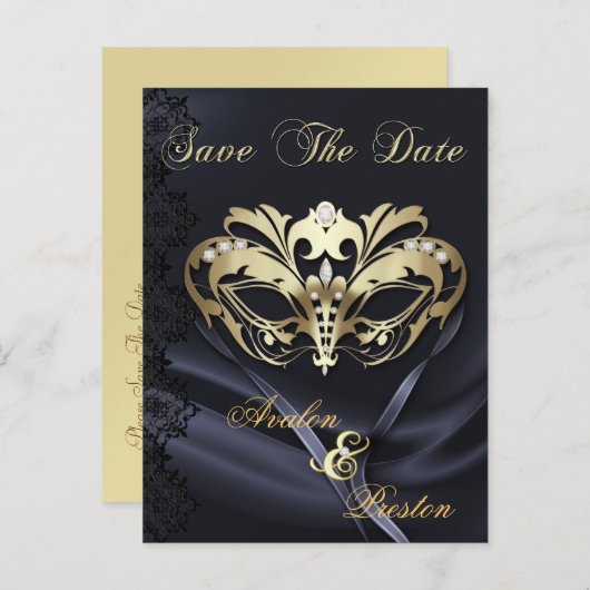 Gouden Masquerade Zwart Juweel Save The Date Brief Aankondigingskaart (Voorkant / Achterkant)