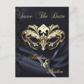 Gouden Masquerade Zwart Juweel Save The Date Brief Aankondigingskaart (Voorkant)